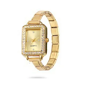 Elegant gold square quartz watch featuring a rhinestone-encrusted bezel and link bracelet