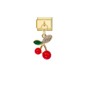 Sparkling cherry charm with gold base and crystal leaf for modular DIY bracelets