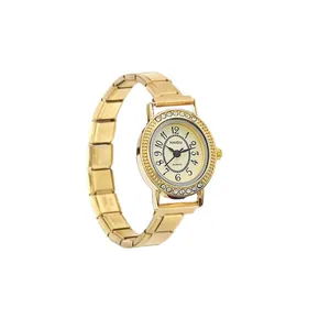 Elegant gold tone women's quartz watch with crystal bezel and modular link band