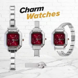 Elegante reloj de cuarzo cuadrado rojo vino con eslabones de metal DIY extraíbles.