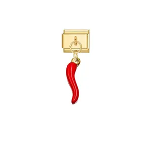 Italian gold modular link charm featuring a vibrant red chili pepper pendant for DIY jewelry