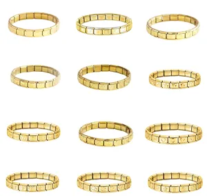 Detailed grid of twelve gold-plated stainless steel Italian charm bracelets with patterns