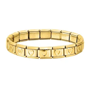 Close-up detail of the gold stainless steel Italian modular bracelet with heart charms