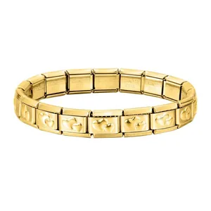 Close-up of gold stainless steel Italian modular bracelet with heart pattern details