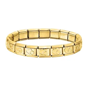 Detailed view of gold stainless steel Italian modular bracelet with engraved heart charms