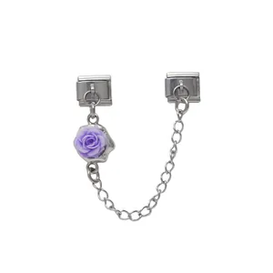 Italienischer Modular-Armband-Anhänger mit lila Resine-Rose und silberner Panzerkette