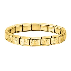 Detail view of 18K gold plated stainless steel Italian charm bracelet with angel wings