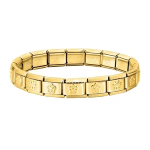 Detailed view of 18K gold plated stainless steel Italian modular bracelet with flowers