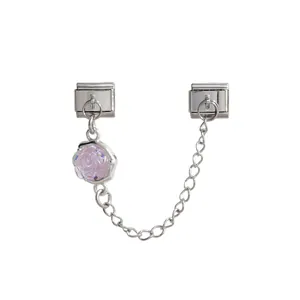 Eleganter italienischer Modular Charm mit lila Rosenanhänger und silberner Kette für DIY