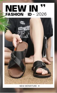 Macro view of men's black leather cross-strap sandals designed for summer outdoor fashion.
