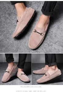 Detailed multiple views of men's beige suede loafers featuring a stylish metal buckle