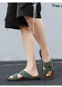 Stylish green cross-strap men's sandals with non-slip soft soles for outdoor summer wear