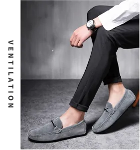 Close-up of men's grey suede loafers on model for a stylish casual look