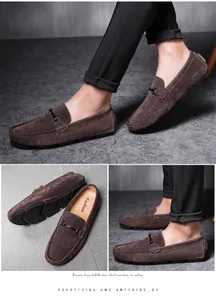Close-up detail of brown suede loafers with stylish metal bit and textured rubber sole