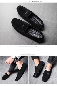 Detail view of black suede men's loafers with metal buckle and model wearing shot