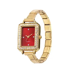 Elegant gold-toned rectangular quartz watch featuring a red dial and rhinestone border.
