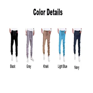 Detail view showing five different color variants of men's casual drawstring joggers