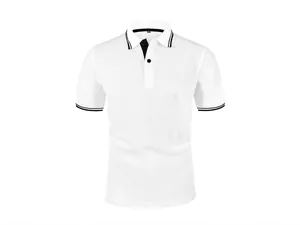 Detail van wit mesh ijszijde poloshirt met zwarte contrastkraag en knopen.