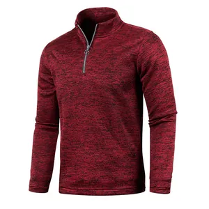 Close-up of red marl texture sweatshirt with half-zip high collar design