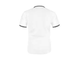 Achteraanzicht van wit ijshuid mesh poloshirt met zwarte strepen op de kraag en mouw