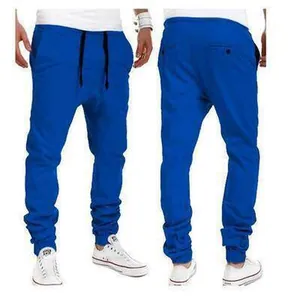 Blue men's casual drawstring harem joggers with elastic cuffs shown front and back
