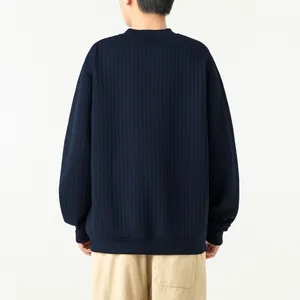 Rear view of navy blue vertical ribbed men's casual sweater for autumn and winter