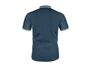 Gedetailleerd achteraanzicht van blauwe ijszijde poloshirt met gestreepte kraag en mouwen
