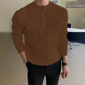 Close-up of brown long-sleeved knit sweater featuring a buttoned Henley neck and ribbed texture.