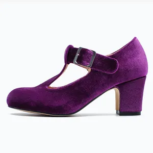 Élégantes chaussures Mary Jane en velours violet à bride en T et avec talons épais