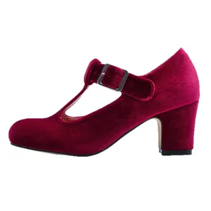 Chaussures Mary Jane classiques en velours bordeaux à bride en T et talon bloc