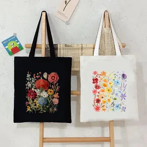 Floral Printed Canvas Tote Bag For Women Eco Friendly Reusable Cotton Shoulder Shopping Bag Aesthetic Casual Handbag Gift