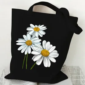 Eco-friendly black canvas tote bag with elegant white daisy flower prints for women