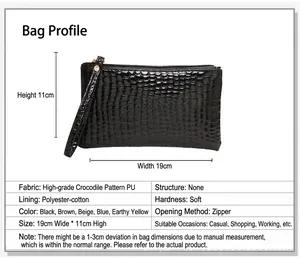Gedetailleerde specificaties van de zwarte PU-clutch met krokodillenpatroon en afmeting.