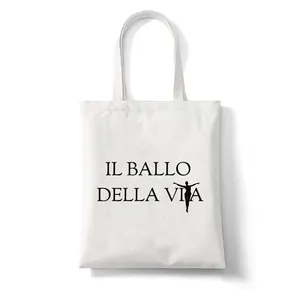 White canvas tote bag featuring Il Ballo della Vita print and a human silhouette