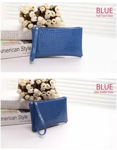 Stylish blue crocodile pattern wristlet clutch shown from professional front and side angles.