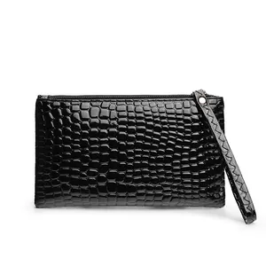 Elegant black glossy crocodile pattern women's clutch bag with wristlet strap fashion purse