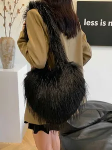 Large black heart-shaped faux fur shoulder bag for women with Y2K punk style