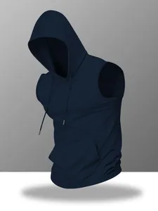 Detailed view of navy blue sleeveless sport hoodie showing kangaroo pocket and texture