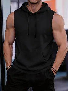 Detailed view of men's black sleeveless gym hoodie with quick-dry performance fabric