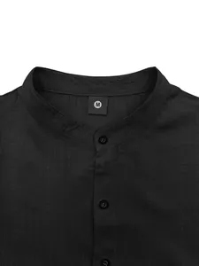 Detailed close-up view of a black casual men's shirt collar with an M size label