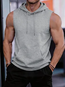 Detailed view of the grey sleeveless gym hoodie featuring a front kangaroo pocket for men