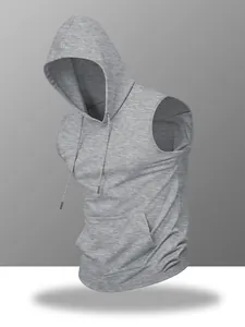 Side view of a grey sleeveless workout hoodie with a hood and kangaroo pocket.