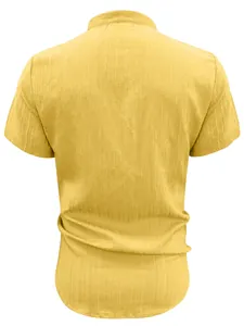 Back view of mens yellow short sleeve casual shirt with textured linen-like fabric