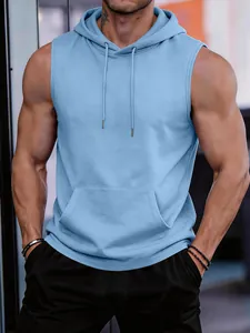 Close-up showing the light blue fabric texture and hood detail of the gym vest