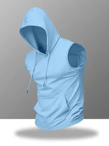 Light blue sleeveless men's gym hoodie featuring a front pocket and adjustable drawstrings