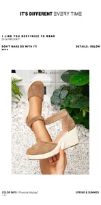 Vue détaillée des sandales compensées en daim marron avec plateforme espadrille