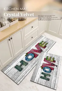 Non-slip absorbent crystal velvet kitchen mat set with rustic HOME wood grain print