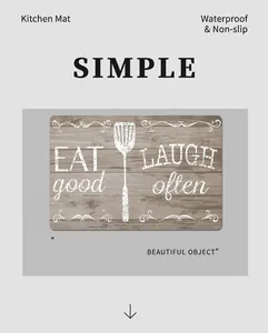 Detail of kitchen mat featuring rustic wood grain design and Eat Good Laugh Often text