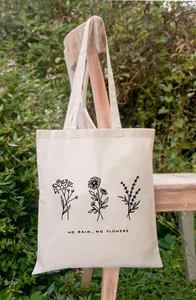Gedetailleerd overzicht van No Rain No Flowers tekst en bloemenprint op canvas tas