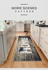 Modern long kitchen floor mat featuring HOME text and butterfly print in home setting
